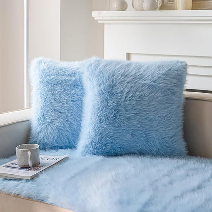 Neelvin Blue Faux Fur Cozy Fluffy Double-Sided Decorative Throw Pillow Covers 20x20 inch Set of 2,Velvet Pillowcase Cushion Case for Sofa Couch