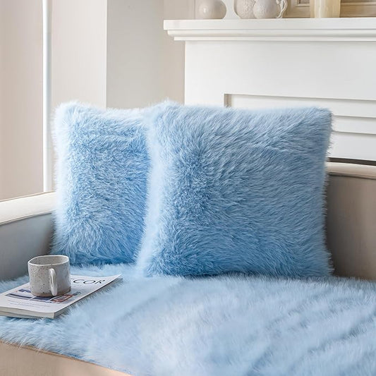 Neelvin Blue Faux Fur Cozy Fluffy Double-Sided Decorative Throw Pillow Covers 20x20 inch Set of 2,Velvet Pillowcase Cushion Case for Sofa Couch