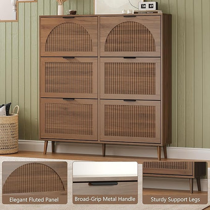 Shoe Cabinet for Entryway with 6 Flip Drawers, Slim Wooden Shoe Storage Organizer with Modern Fluted Pannel，Freestanding Narrow Hidden Shoe Rack for Hallway, Foyer, Living Room