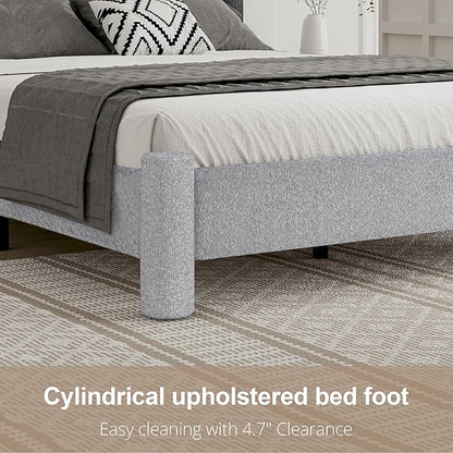 Twin Size Bed Frame, Boucle Upholstered Platform Bed with Headboard and Footboard, Soft Rounded Corners, No Box Spring Required, Easy Assembly, Light Grey