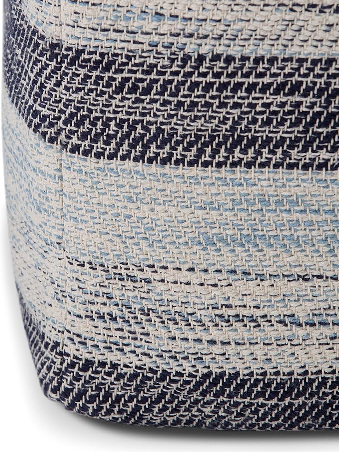 SIMPLIHOME Clay Boho Square Pouf in Patterned Blue Melange Cotton for the Living Room, Bedroom and Kids Room