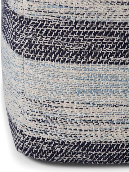 SIMPLIHOME Clay Boho Square Pouf in Patterned Blue Melange Cotton for the Living Room, Bedroom and Kids Room