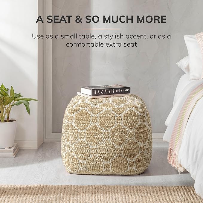 Anji Mountain Artisan Crafted Cotton Blend Pouf Ottoman | Versatile Floor Seating & Footstool for Living Room | Modern Boho Home Décor Accent | Filled Pouffe