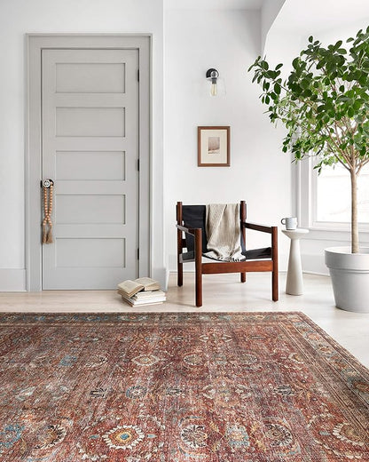 Loloi Layla Collection LAY-01 Brick/Blue 2'-0" x 5'-0" .13" Thick Accent Rug, Soft, Durable, Vintage Inspired, Distressed, Low Pile, Non-Shedding, Easy Clean, Printed, Living Room Rug