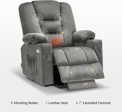 MCombo Power Lift Recliner Chair with Massage and Heat for Elderly People, Cup Holders, USB Ports, Side Pockets, Fabric 7529 (Medium, Grey)