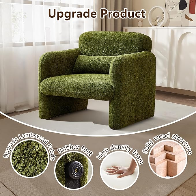 33.9'' Upgrade Lambswool Fabric Accent Chair with Arms, Modern Single Sofa Chair Armchair Upholstered Comfy Reading Arm Chair for Bedroom, Living Room