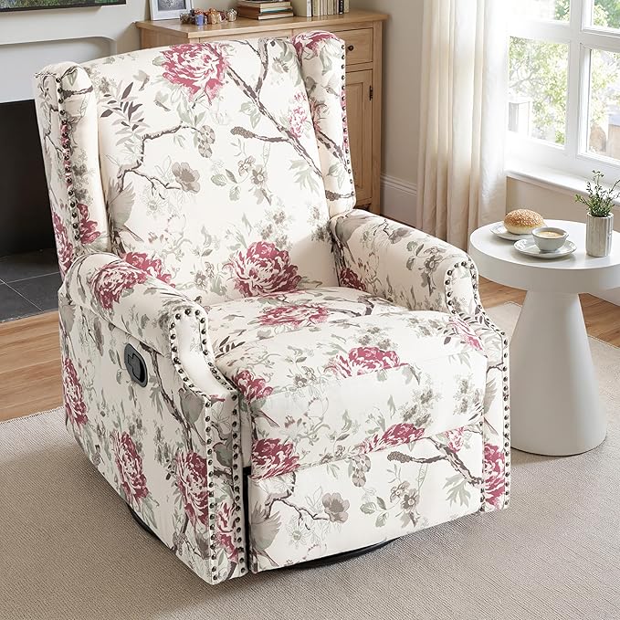Lumibee Recliner Chairs Set of 2, 360° Swivel Rocker Recliner Chair with Footrest High Back, Comfy Upholstered Glider Rocking Chair for Living Room Bedroom (Plants Floral)