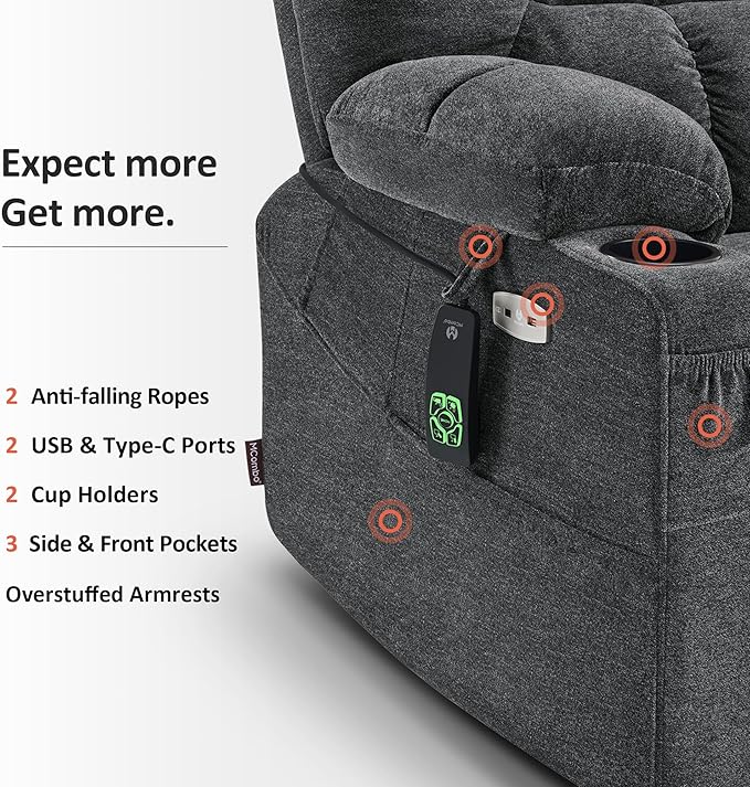 MCombo Dual Motor Power Lift Recliner Chair with Massage and Dual Heating for Elderly, Lay-Flat for Sleeping, Extra Wide for Big and Tall, Fabric R7070 (Dark Grey)