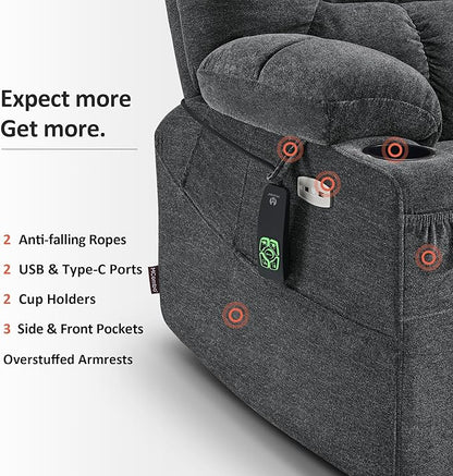 MCombo Dual Motor Power Lift Recliner Chair with Massage and Dual Heating for Elderly, Lay-Flat for Sleeping, Extra Wide for Big and Tall, Fabric R7070 (Dark Grey)