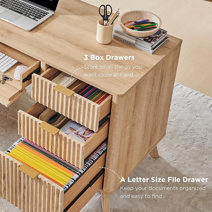 T4TREAM Fluted Executive Desk with Drawers, 60" Modern Home Office Computer Desk with Charging Station, File Cabinet, Keyboard Tray and Storage Cabinet for Study, Living Room, Bedroom, Natural Oak