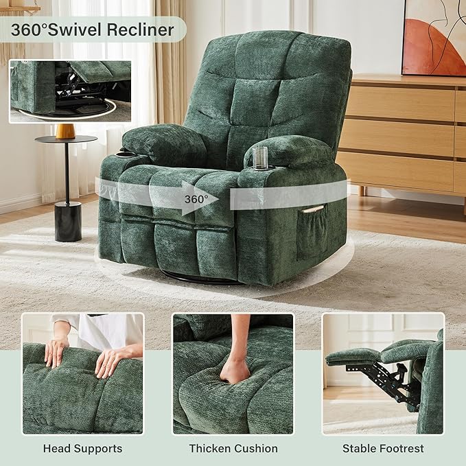 Manual Rocker Recliner Chair, 360°Swivel Recliner Chairs for Adults, Single Recliner Seat with Cup Holders,Upholstered Fabric Lazy Boy Recliner,Green