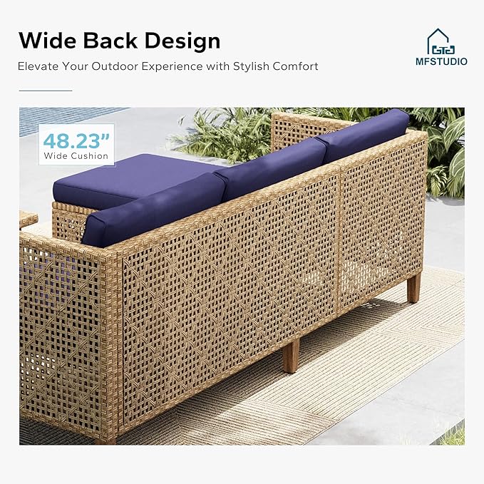 MFSTUDIO Wicker Patio Furniture Set, L Shaped Outdoor Couch Set, Rattan Outdoor Sectional Sofa with Acacia Wood Coffee Table, 3 Pieces Small Patio Conversation Set for Backyard, Navy Blue
