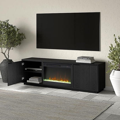 Henn&Hart Rectangular TV Stand with 26" Crystal Fireplace for TV's up to 78" in Black Grain, for Home, Living Room, Bedroom, Entertainment Room, Office