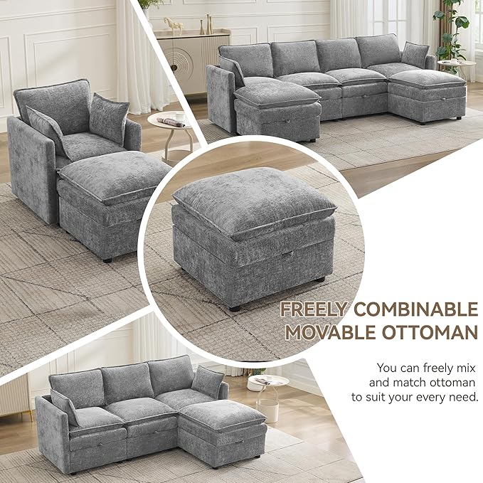 27" Large Square Ottoman with Storage, Modern Upholstered Footrest with Anti-Slip Legs for Couch Coffee Table Living Room, Bedroom, Entryway, Chenille Light Grey