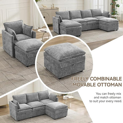 27" Large Square Ottoman with Storage, Modern Upholstered Footrest with Anti-Slip Legs for Couch Coffee Table Living Room, Bedroom, Entryway, Chenille Light Grey