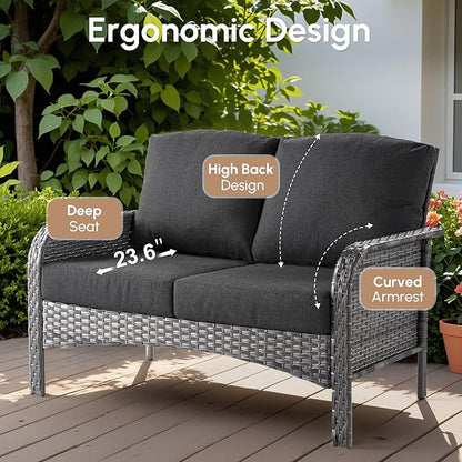 2 Pieces Wicker Patio Furniture Loveseat with Table - Outdoor Rattan Patio Bistro Set of 2,All-Weather PE Wicker Conversation Sofa High Back Deep Seating for Deck Porch Yard,Black