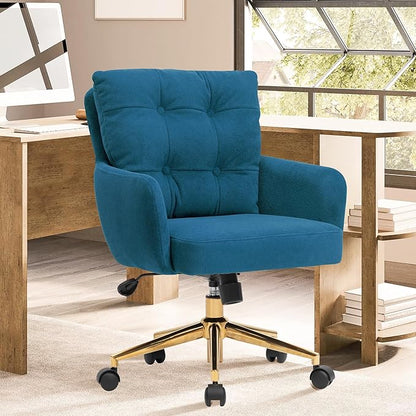 Velvet Office Chair, Comfy Home Office Desk Chairs with Lumbar Support, Modern Velvet Desk Chair Gold Legs Small Swivel Task Chair for Home Office, Bedroom, Study (Blue, L)