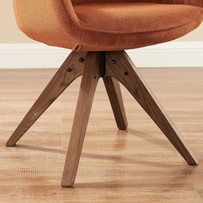 Zouron Mid Century Modern Accent Chair with Oak Wood Legs, Upholstered Swivel Chair No Wheels, Side Accent Armchair Vanity Chair for Small Space Home Office Living Room Bedroom, Caramel