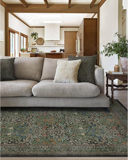 RUGGABLE x Morris & Co Washable Area Rug – Blackthorn Forest Green 5x7, Stain-Resistant, Non-Slip – Medium Machine Washable Rugs for Living Room, Bedroom, Hallway, Entryway & Office–with Standard Pad