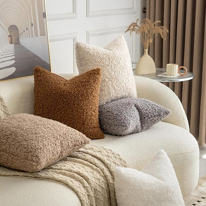 Pack of 2 Curly Teddy Wool Faux Fur Throw Pillow Covers Fuzzy Accent Soft Sherpa Pillowcases Sheepskin Fleece Decorative Cushion Case for Sofa Couch Living Room 20x20 Inch Light Grey