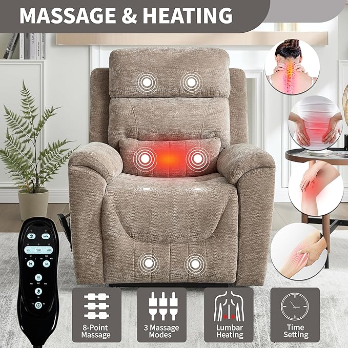 PELUMY Power Lift Recliner Chair for Elderly with Massage and Heat, Dual Motor Heavy Duty 350lbs Recliner, 8-Point Vibration & Lumbar Heating, Electric Lift Chair (Chenille, Khaki)