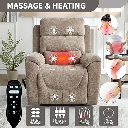 PELUMY Power Lift Recliner Chair for Elderly with Massage and Heat, Dual Motor Heavy Duty 350lbs Recliner, 8-Point Vibration & Lumbar Heating, Electric Lift Chair (Chenille, Khaki)