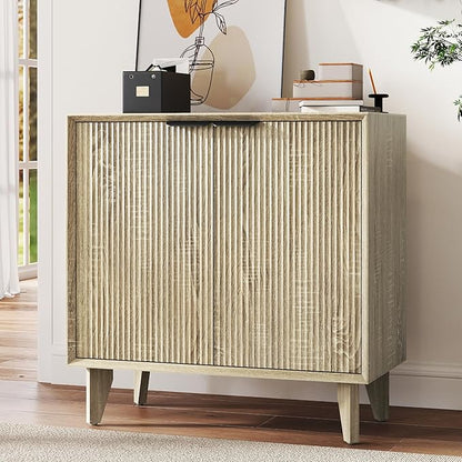 Fluted Cabinet with Storage, Small Buffet Sideborad with Door, Kitchen Buffet Storage Accent Cabinet with Adjustable Shelves for Living Room, Entry, Hallway, Natural
