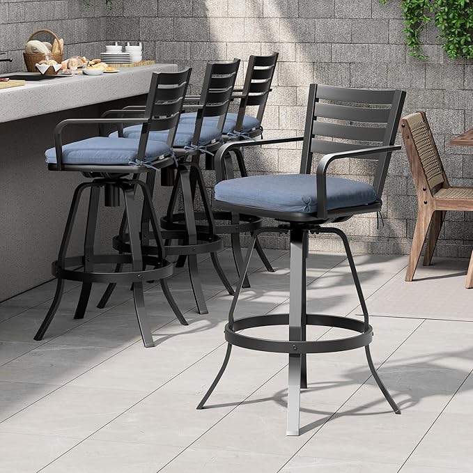 Pellebant Patio Swivel Barstools Set of 6, Aluminum 29.5" Outdoor Bar Height Stool Chairs with Back & Footrest,Rust-Proof Tall Patio Bar Stools for Deck Lawn Garden,Spectrum Denim