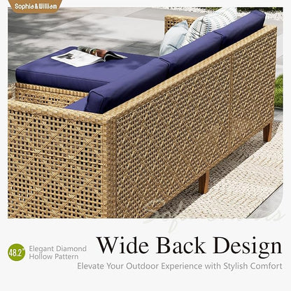 Sophia and William Boho Wicker Patio Furniture Set, Outdoor Rattan Sectional Sets Conversation Set - Weather-Resistant, with Dual Storage Coffee Table Acacia Wood Legs for Garden, Patio & Deck(Blue)