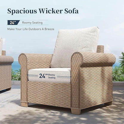Patio Furniture Set 2 pcs, Rattan Outdoor Chairs with 5.5” Thick Waterproof Cushions, All Weather Wicker Conversation Set for Garden Backyard Deck, Beige