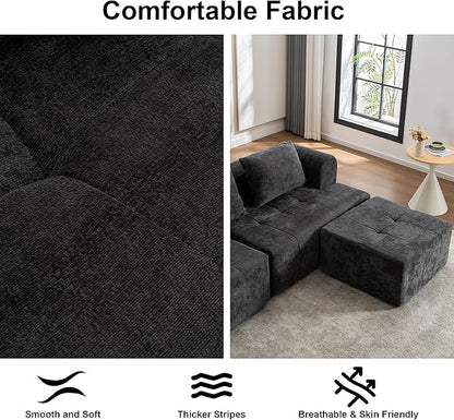 95" Modern Cloud Sectional Sofa Couch, Modular L-Shaped Sofas with Deep Seat and Chaise Ottoman, Chenille Boneless Tufted Couches for Living Room, No Assembly Required, Black