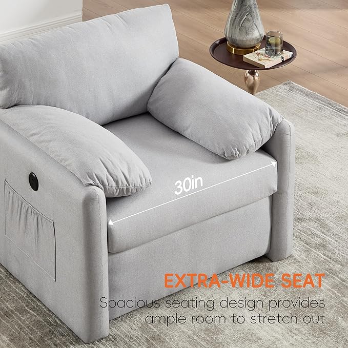 Oversized Accent Chair Mid-Century Modern Armchair for Living Room,USB and Type-C Ports,Comfy Reading Chairs for Bedroom with Side Pockets,Extra-Wide Single Sofa Chair (LightGrey, Set of 1)