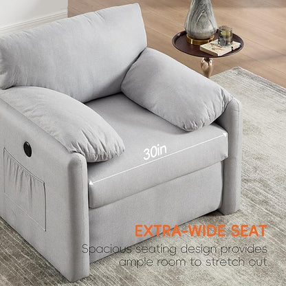 Oversized Accent Chair Mid-Century Modern Armchair for Living Room,USB and Type-C Ports,Comfy Reading Chairs for Bedroom with Side Pockets,Extra-Wide Single Sofa Chair (LightGrey, Set of 1)