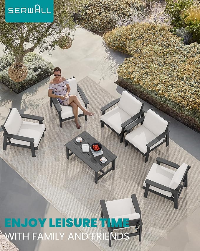 SERWALL HDPE Outdoor Furniture Set, 7 Piece All Weather Wood-Like Outdoor Sofa Sectional Couch, Grey Patio Furniture Set with Khaki Cushions