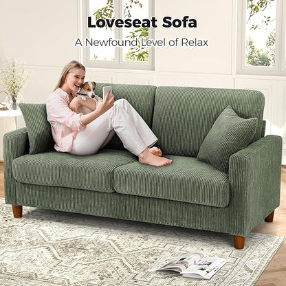 70in Corduroy Couch, Kidirect Sofa No Tool Assembly, Comfy Couches for Living Room 21in Deeper Seats, Corduroy Sofas for Living Room with 2 Pillows, Oversized Loveseat Sofa, Boho Love Seat Green Couch