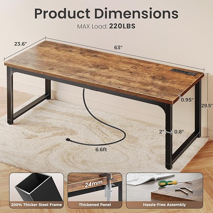 Huuger 63 x 24 inch Desk with Power Outlets & USB-C, Deeper & Thicker Desktop, Robust Metal Tubes, Computer Desk, Heavy Duty Office Desk, Work Gaming Desk, for Home Office, Rustic Brown