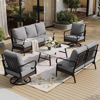 5 Piece Metal Outdoor Patio Furniture Set, Patio Conversation Sets 1 3-Seater Sofa, 2-Seater Sofa, 2 Swivel Sofa with 5.75" Thick Cushion & Coffee Table Black Backyard Furniture, Gray