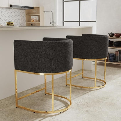 Contemporary Linen Bar Stools Set of 2, 24" Upholstered Fabric Counter Height Barstools Kitchen Counter Island Stools with Golden Metal Base, Charcoal