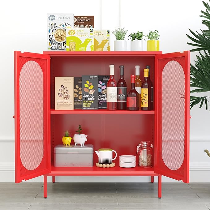 Metal Storage Cabinets with Doors and Shelf, Small Closet with High Feet, Display Cabinets with 2 Mesh Doors, Red Dresser for Home, Office, Living Room,Dining Room,Sideboard, Hallway and Entryway