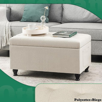 Ottoman with Storage 32'' Ottoman Storage Bench Fabric Ottomans Footstools Upholstered Foot Rest Stool for Couch, Living Room, Bedroom, Entrance Shoe Bench Beige