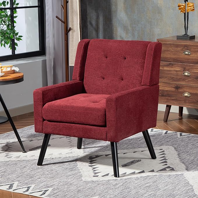 Mid-Century Modern Accent Chair, Plush Linen Fabric with Button Tufted High Back & 5" Thick Cushion, High Comfort Reading Chair for Living Room, Bedroom, Office (Red)