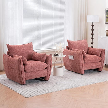 Chenille Oversized Accent Chairs Set of 2, Modern Oversized Armchair with Removable Pillow, Comfy Living Room Chair with Side Pocket Storage for Bedroom, Office, Pink