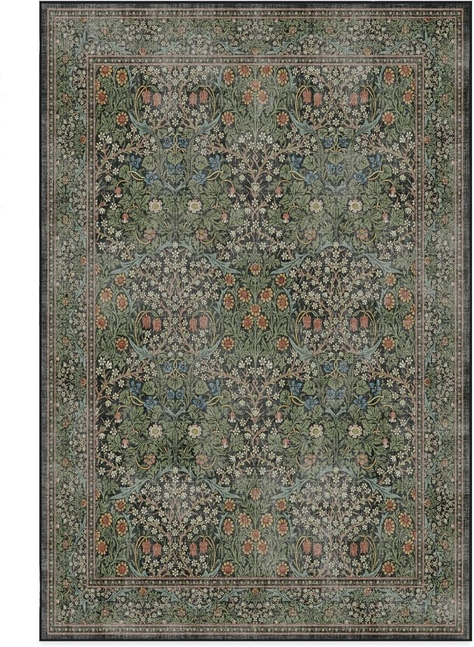 RUGGABLE x Morris & Co Washable Area Rug – Blackthorn Forest Green 6x9, Stain-Resistant, Non-Slip – Medium Machine Washable Rugs for Living Room, Bedroom, Hallway, Entryway & Office–with Standard Pad