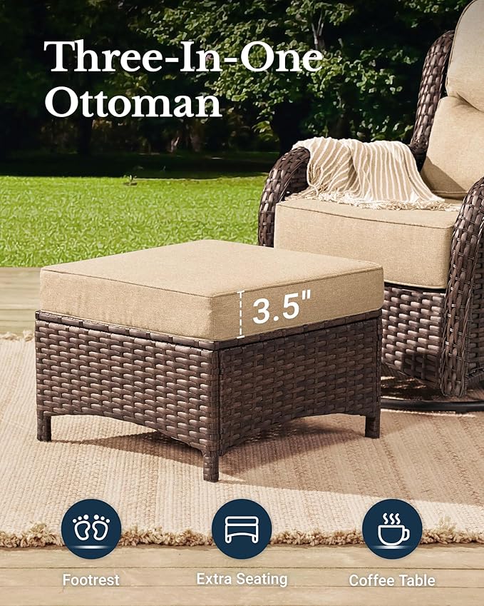 HILLGA Luxury Outdoor Swivel Rocker Patio Chairs of 2 with 6 Inch Thick Cushions and Side Table, Swivel Outdoor Chairs 5PCS High Back Wicker Patio Furniture Set for Porch, Balcony, Deck in Beige