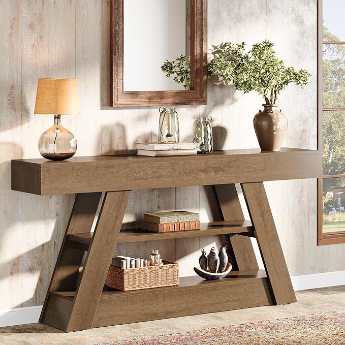 Tribesigns 63-Inch Wooden Console Table with Storage Shelves, Rustic Long Entryway Sofa Table Behind Couch for Living Room, Entrance, Hallway, Foyer