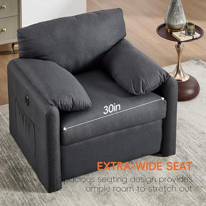 Oversized Accent Chair 38" Wide Mid-Century Modern Armchair for Living Room,USB and Type-C Ports,Comfy Reading Chairs for Bedroom with Side Pockets,Single Sofa Chair(Darkgrey, Set of 1)
