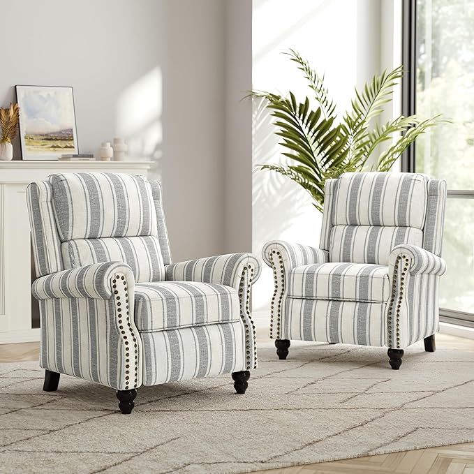 Recliner Chair, Modern Pushback Armchair with Adjustable Backrest & Footrest for Bedroom, Living Room-Grey Stripe,1 SEAT