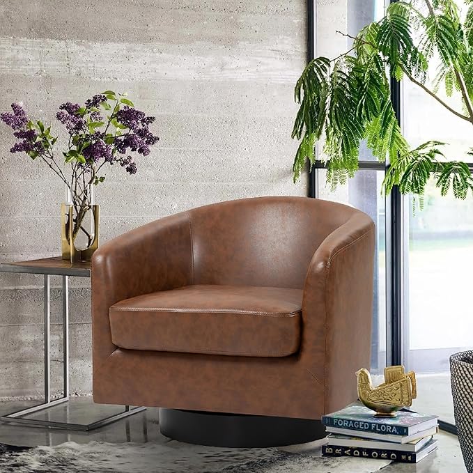 Lumibee Swivel Accent Chair, Faux Leather Swivel Barrel Chair for Living Room, Modern Comfy Upholstered Round Armchair Single Sofa Chair for Bedroom, Club-Coffee
