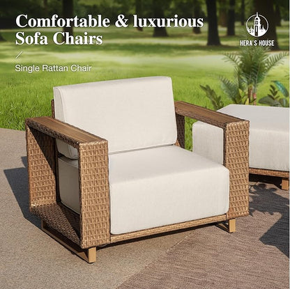 HERA'S HOUSE Patio Furniture, Outdoor Rattan Wicker Armchair, All Weather Patio Conversation Set with 5.3" Widened Armrest, 10" Ultra Thick Comfy Sponge Cushion, Patio Couch for Garden Backyard