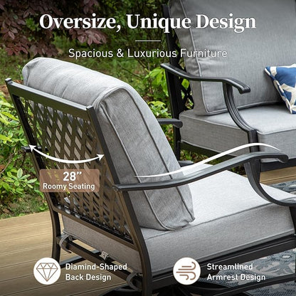 4 Piece Metal Outdoor Patio Furniture Sets, Patio Conversation Sets 1 3-seater Sofa, 2 Fixed Chair with 5.75" Extra Thick Cushion and Coffee Table, Black Frame Backyard Furniture, Gray
